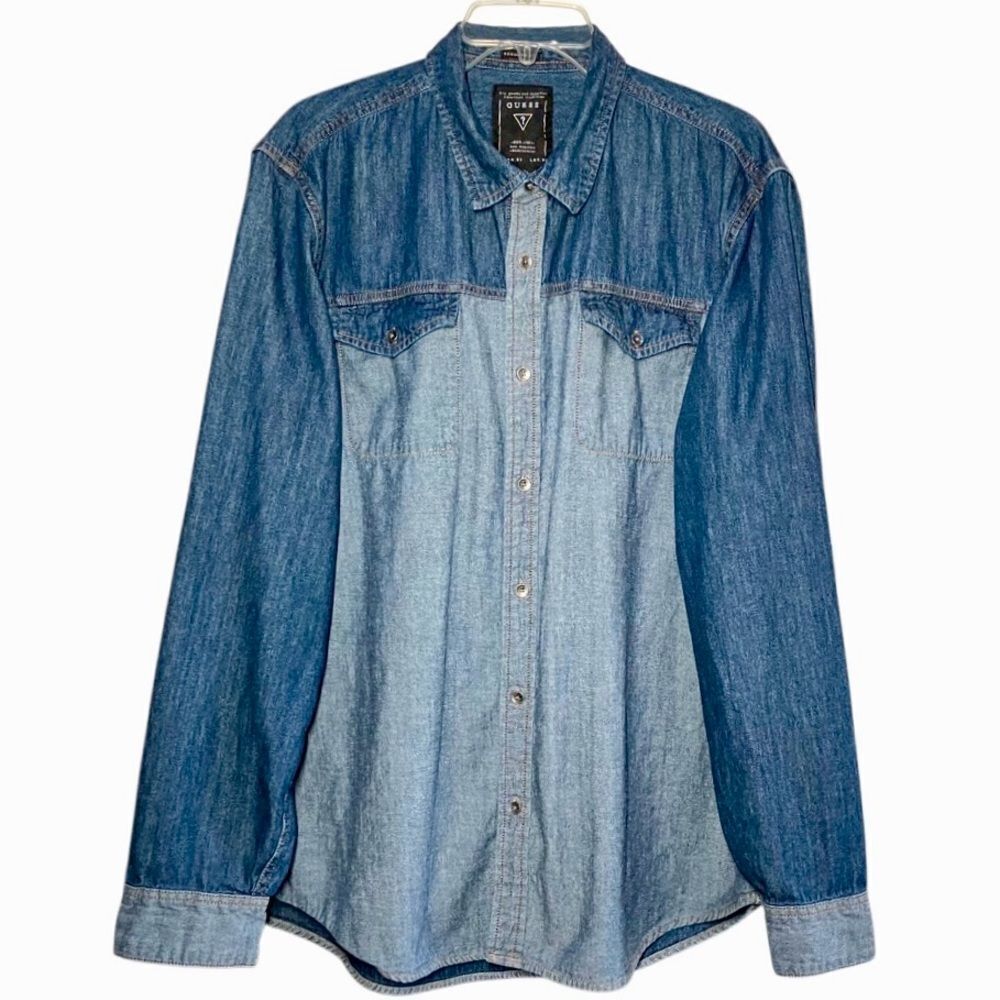 Guess Regular Fit Two Toned Chambray Long Sleeve in Blues Men’s XL